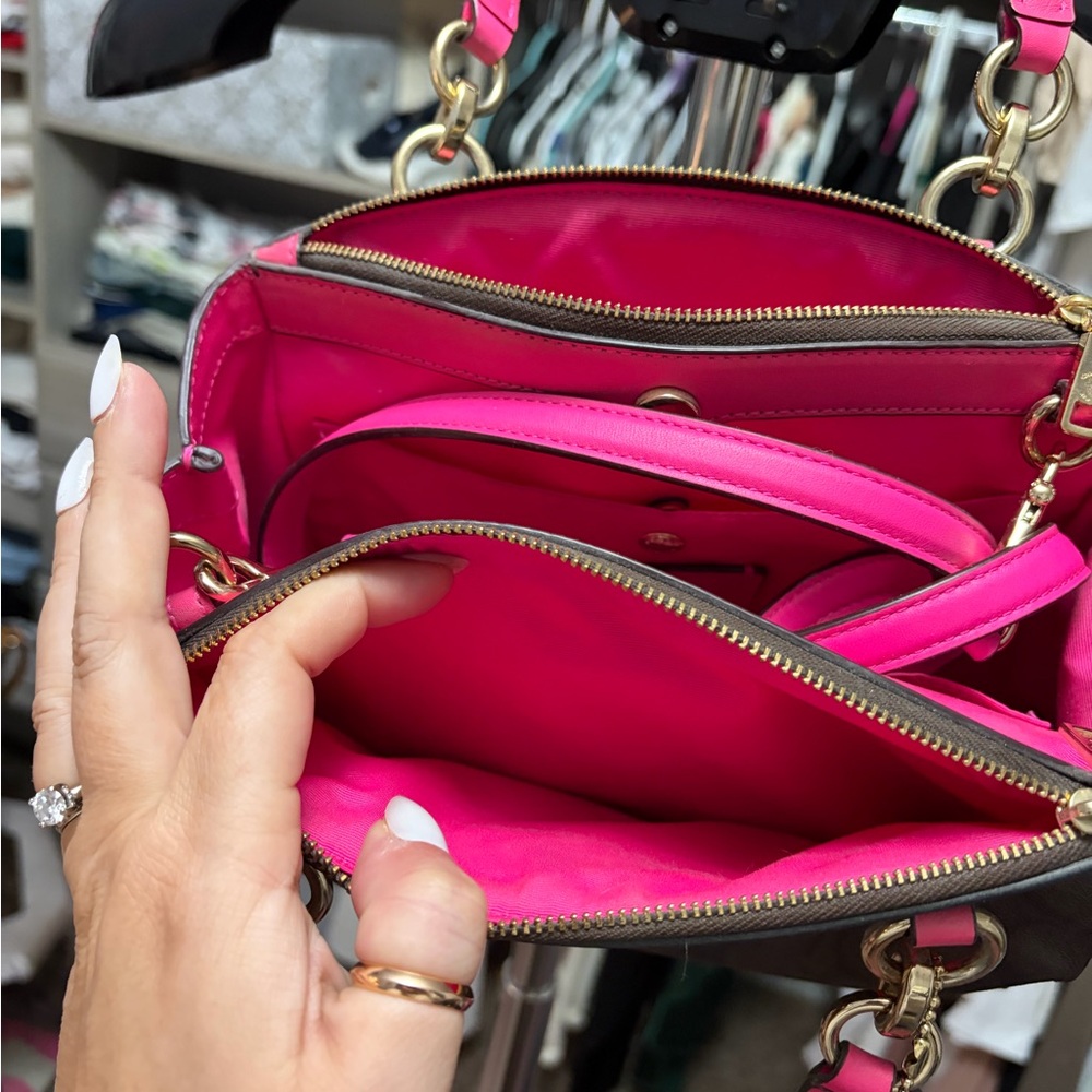 Coach Brown Signature Satchel with Bright Pink Trim - Picture 3 of 9